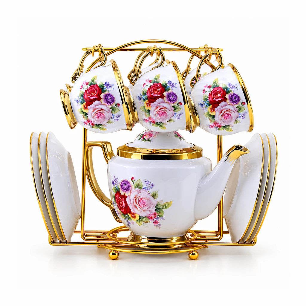 Royal Rose Bouquet Ceramic Tea Set with Stand, 13 Pieces