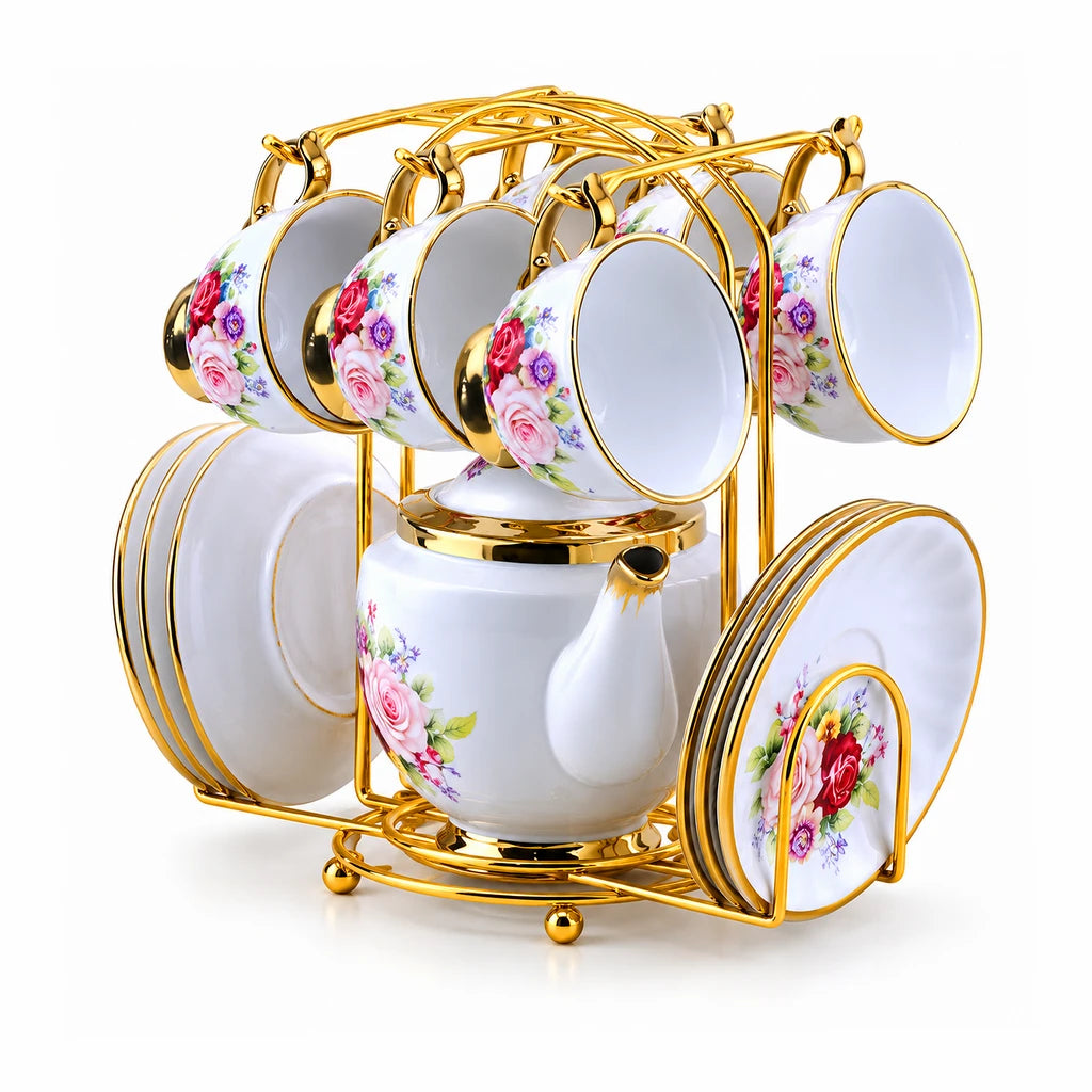 Royal Rose Bouquet Ceramic Tea Set with Stand, 13 Pieces