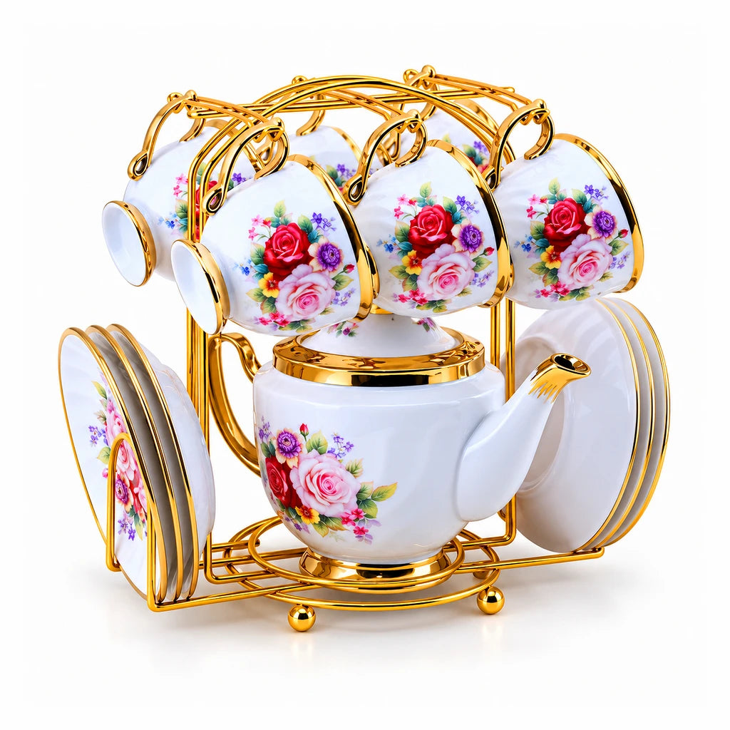 Royal Rose Bouquet Ceramic Tea Set with Stand, 13 Pieces