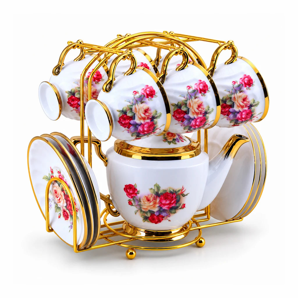 Royal Coral Rose Ceramic Tea Set with Stand, 13 Pieces