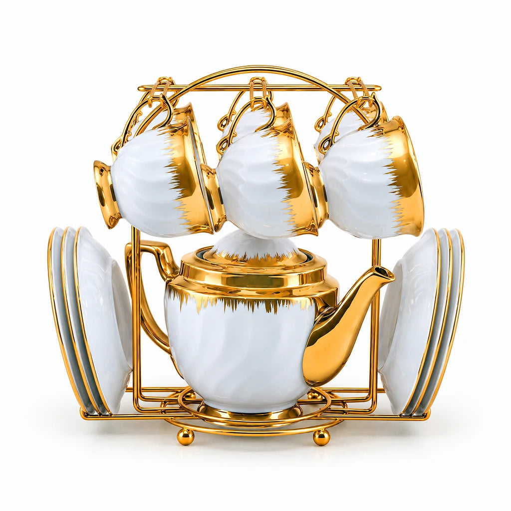 Royal Gold Feathered Rim Ceramic Tea Set with Stand, 13 Pieces