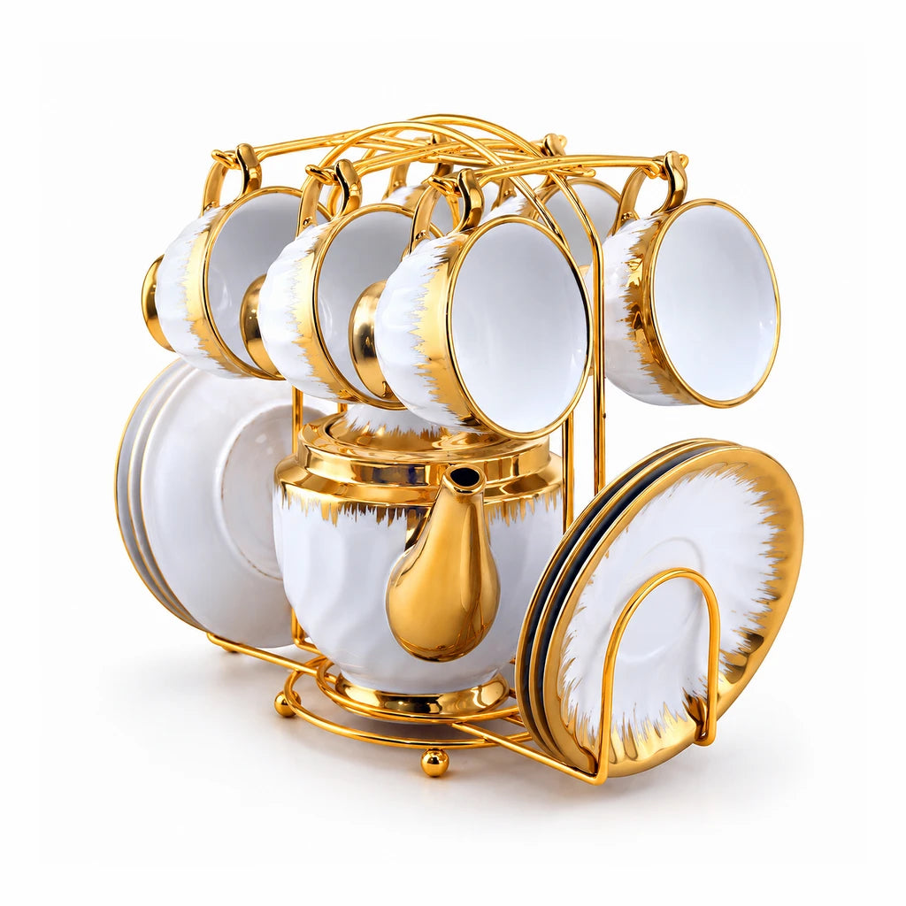 Royal Gold Feathered Rim Ceramic Tea Set with Stand, 13 Pieces
