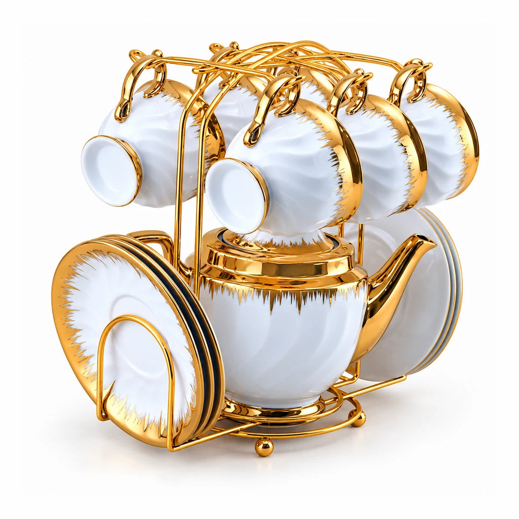 Royal Gold Feathered Rim Ceramic Tea Set with Stand, 13 Pieces