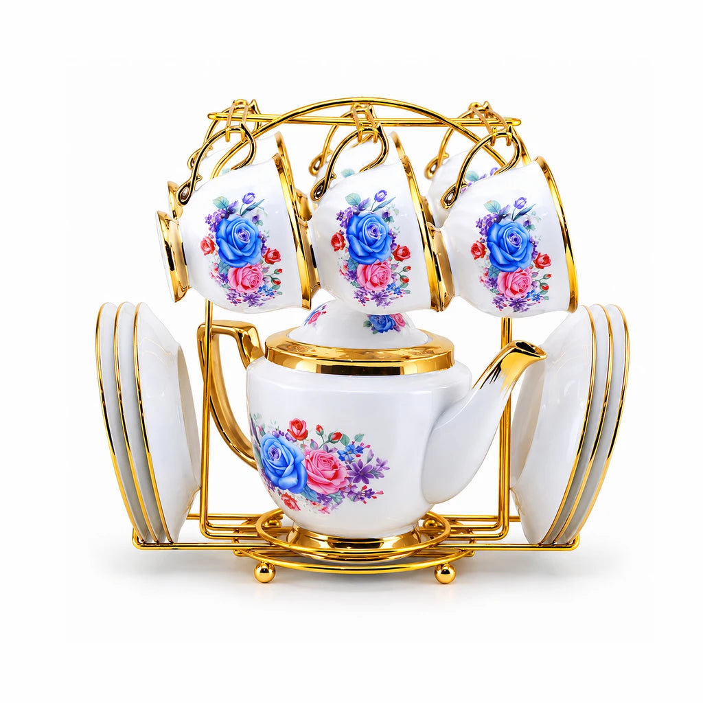 Royal Blue & Pink Rose Ceramic Tea Set with Stand, 13 Pieces