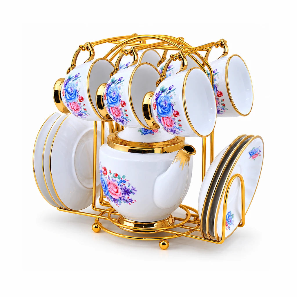 Royal Blue & Pink Rose Ceramic Tea Set with Stand, 13 Pieces