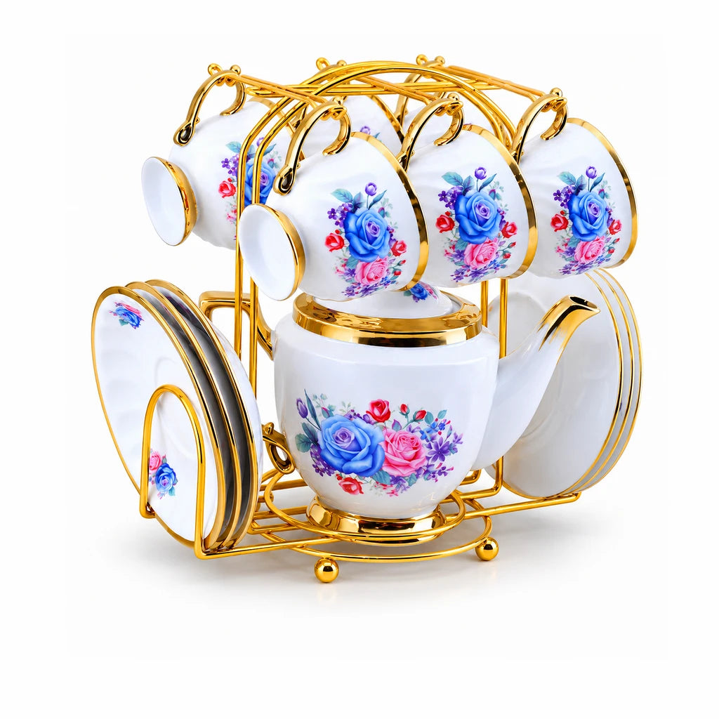Royal Blue & Pink Rose Ceramic Tea Set with Stand, 13 Pieces