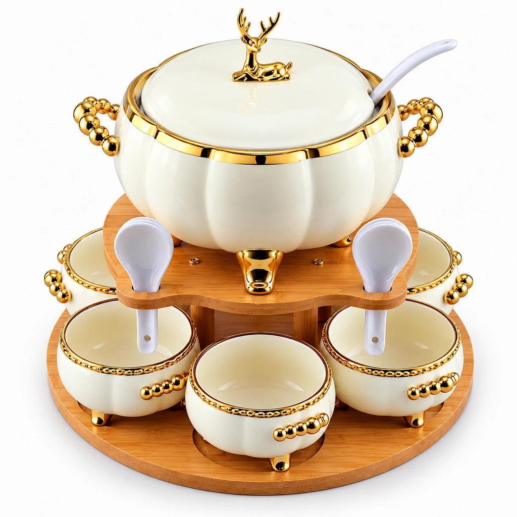 Royal Ivory Deer Ceramic Soup Set with Bamboo Base, 16 Pieces