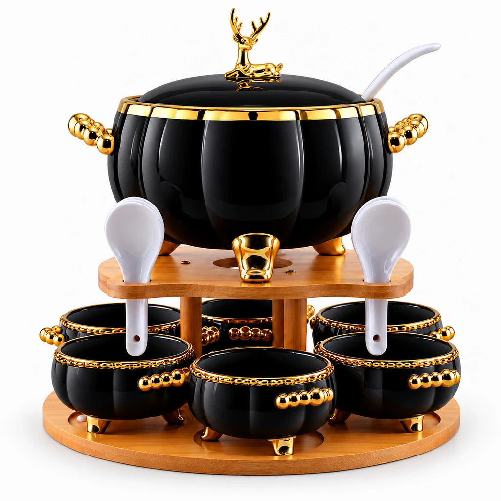Royal Black Deer Ceramic Soup Set with Bamboo Base, 16 Pieces