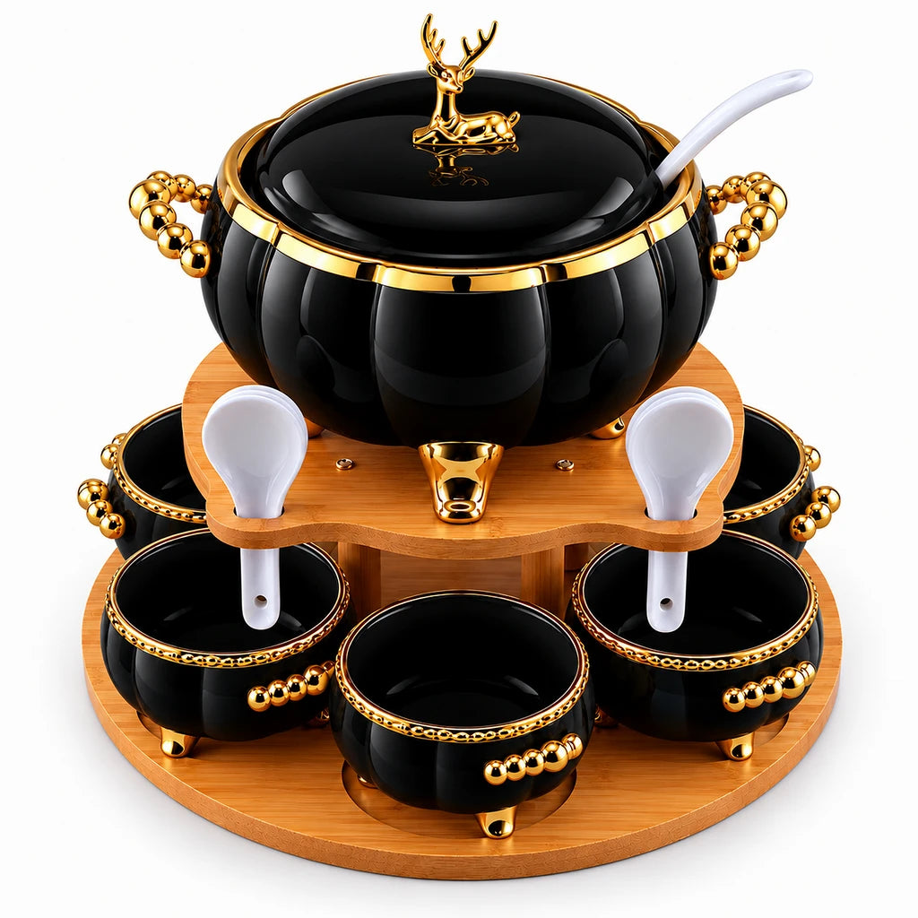 Royal Black Deer Ceramic Soup Set with Bamboo Base, 16 Pieces