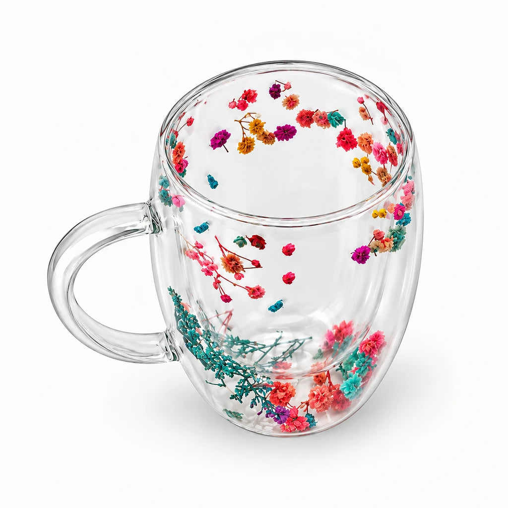 D.W.M Confetti Florals Double-Wall Glass Mug, 350 ml