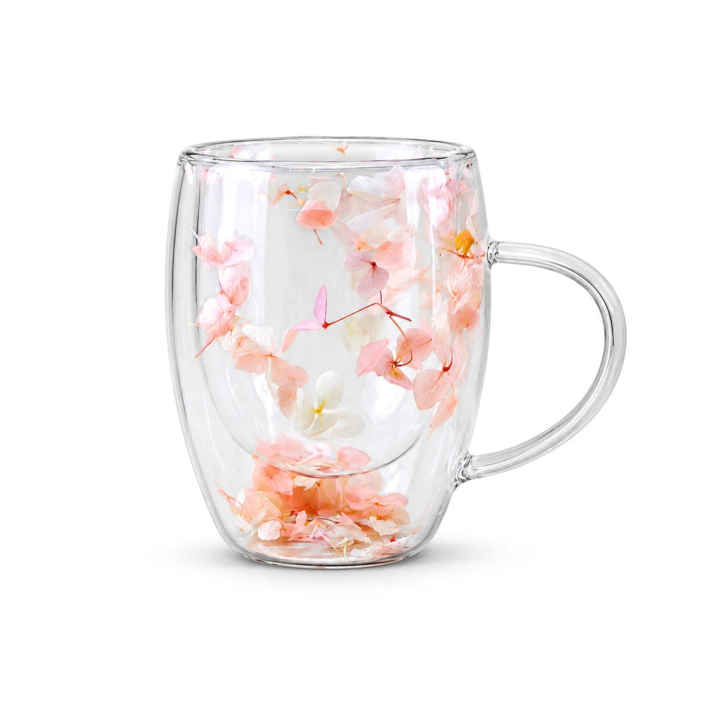 D.W.M Blush & Ivory Florals Double-Wall Glass Mug, 350 ml