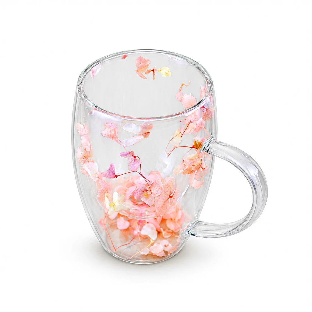 D.W.M Blush & Ivory Florals Double-Wall Glass Mug, 350 ml