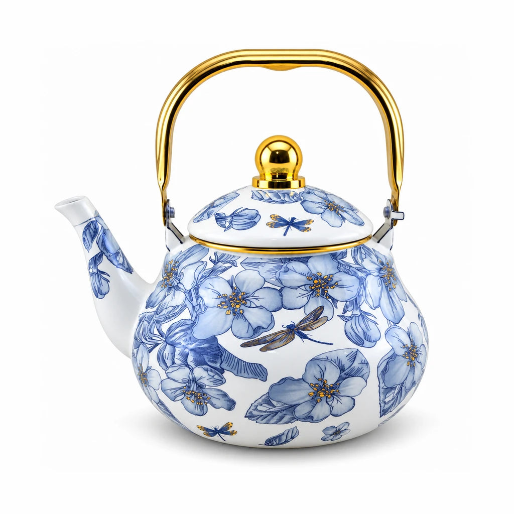 Yiwu Liyang Blue Blossom & Dragonfly Enamel Kettle, 2 Litres