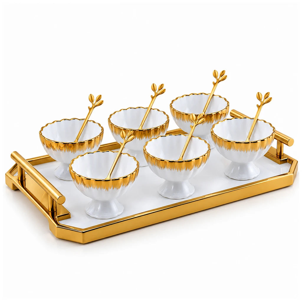 Nordic Royal Rose Ceramic Ice Cream Set with Tray, 13 Pieces