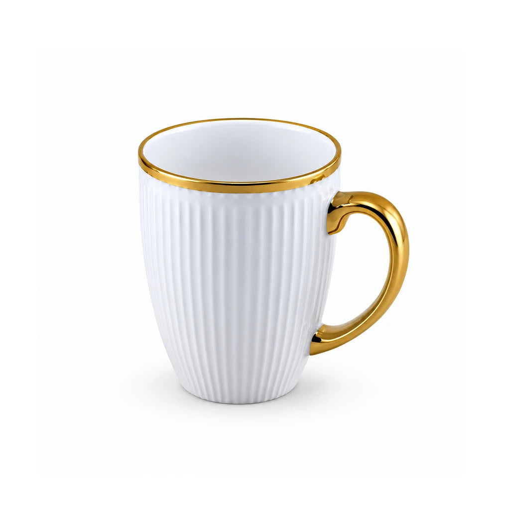 Royal White Ribbed Ceramic Mug with Gold-Tone Handle, 450 ml