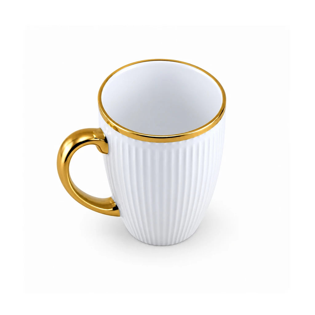 Royal White Ribbed Ceramic Mug with Gold-Tone Handle, 450 ml