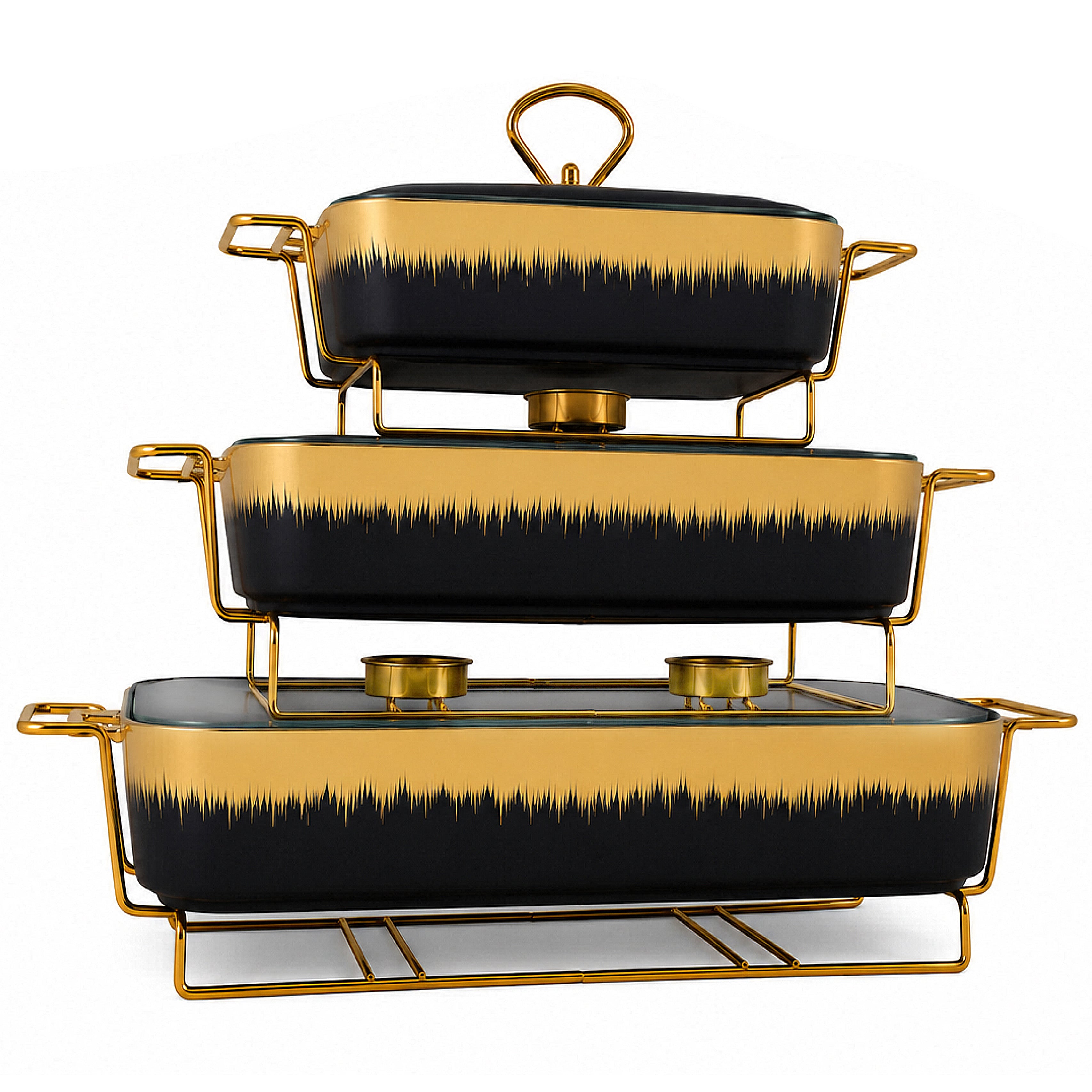 S/W Ceramic Rectangular Food Warmer Sets With Glass Lids AND Golden Metallic Stands