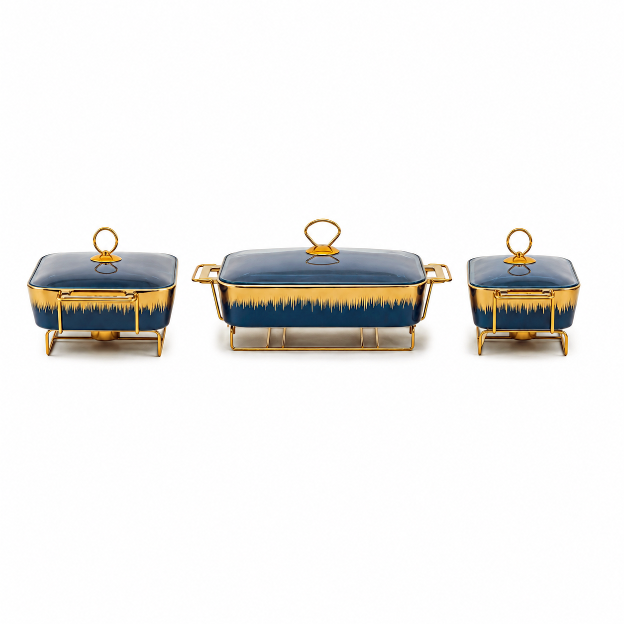 S/W Ceramic Rectangular Food Warmer Sets With Glass Lids AND Golden Metallic Stands