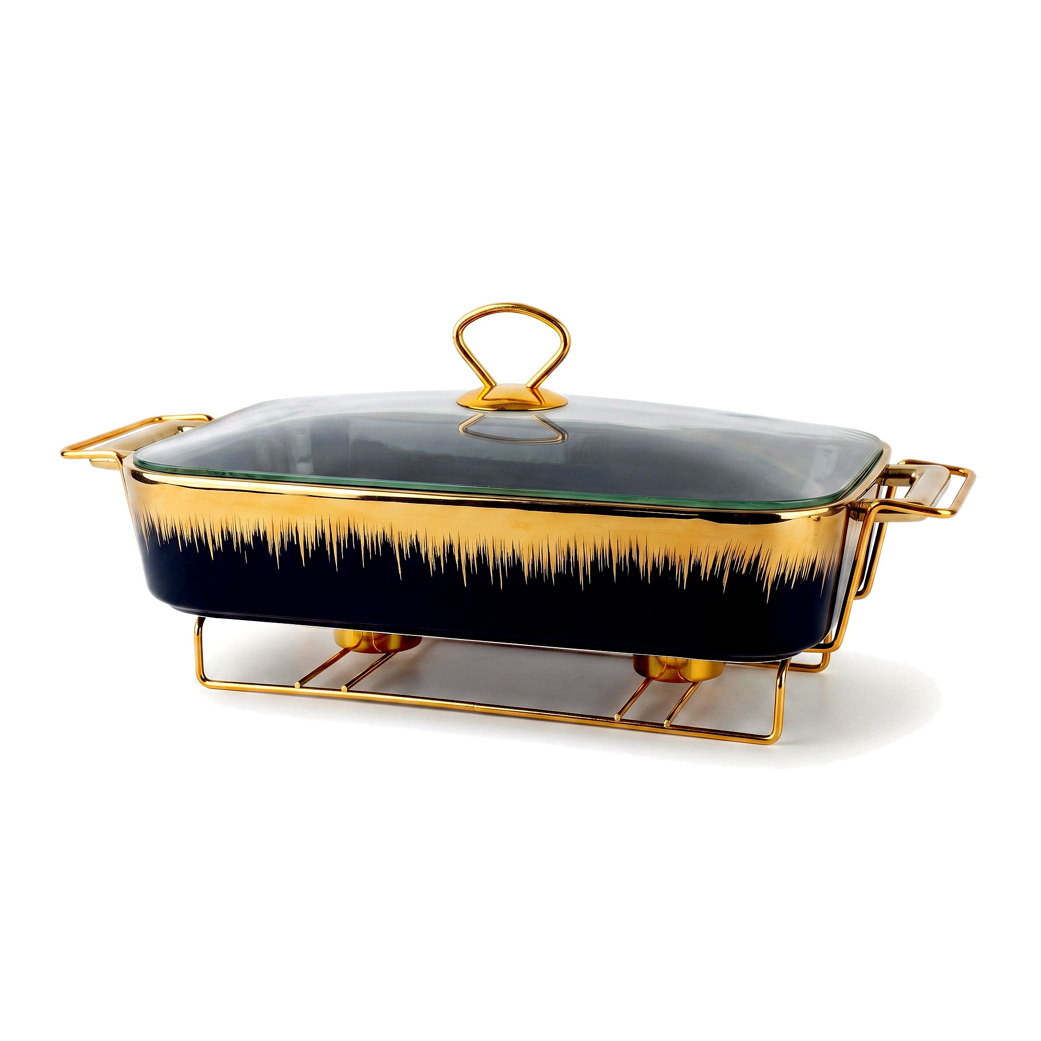 S/W Ceramic Rectangular Food Warmer Sets With Glass Lids AND Golden Metallic Stands