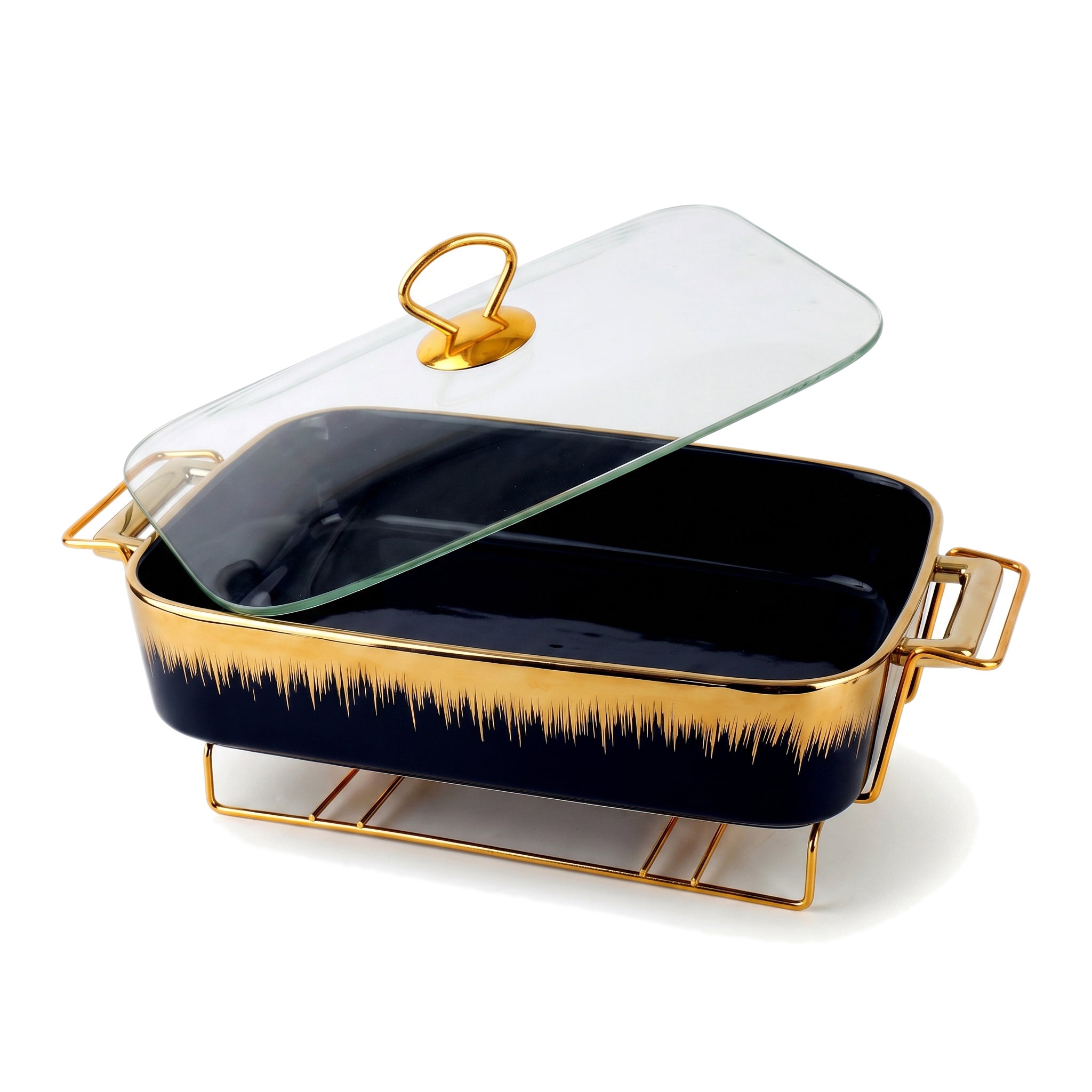 S/W Ceramic Rectangular Food Warmer Sets With Glass Lids AND Golden Metallic Stands