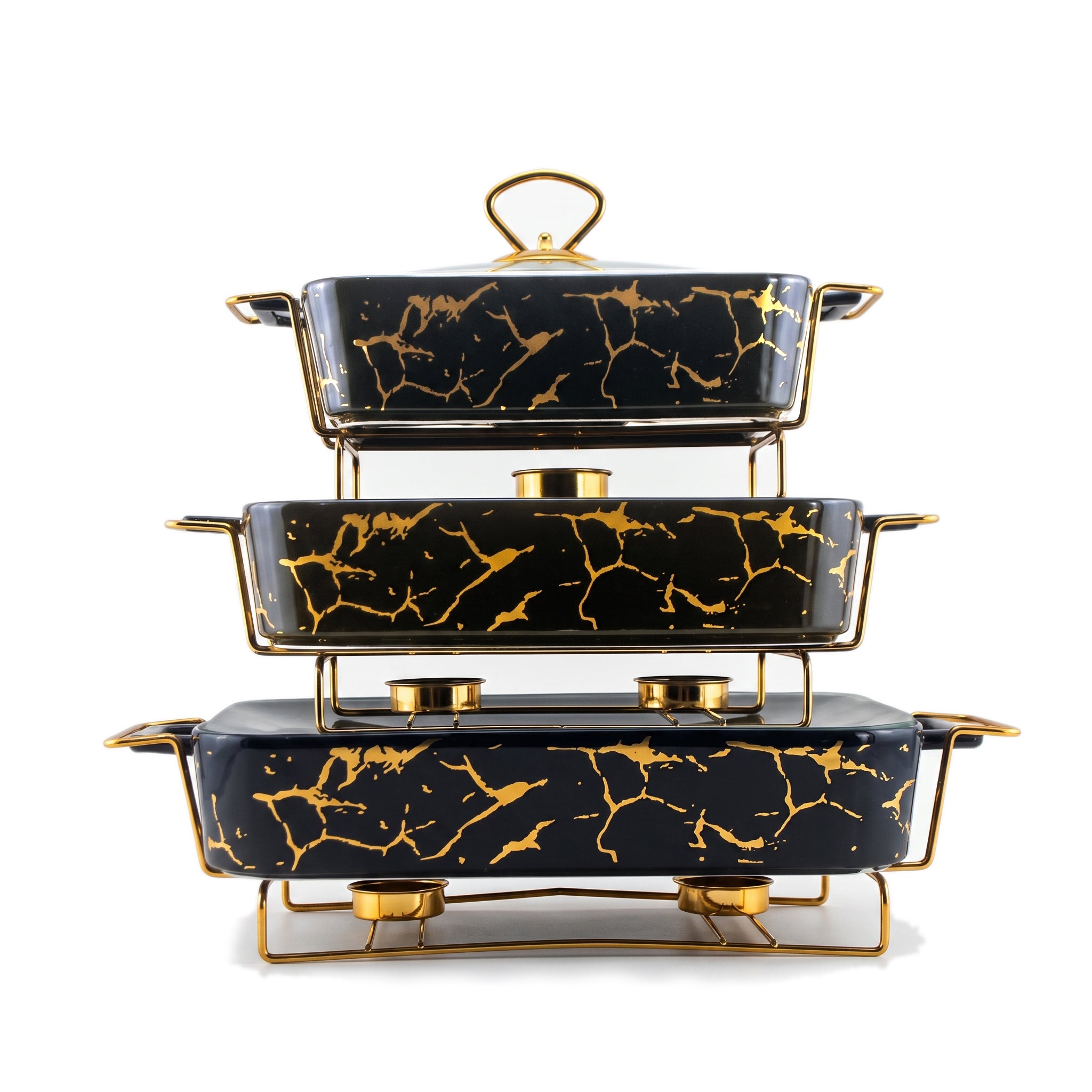 S/W Ceramic Rectangular Food Warmer Sets With Glass Lids AND Golden Metallic Stands