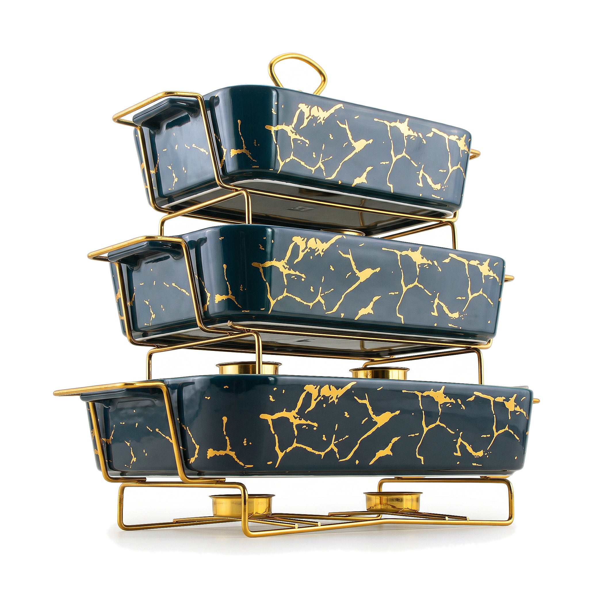 S/W Ceramic Rectangular Food Warmer Sets With Glass Lids AND Golden Metallic Stands