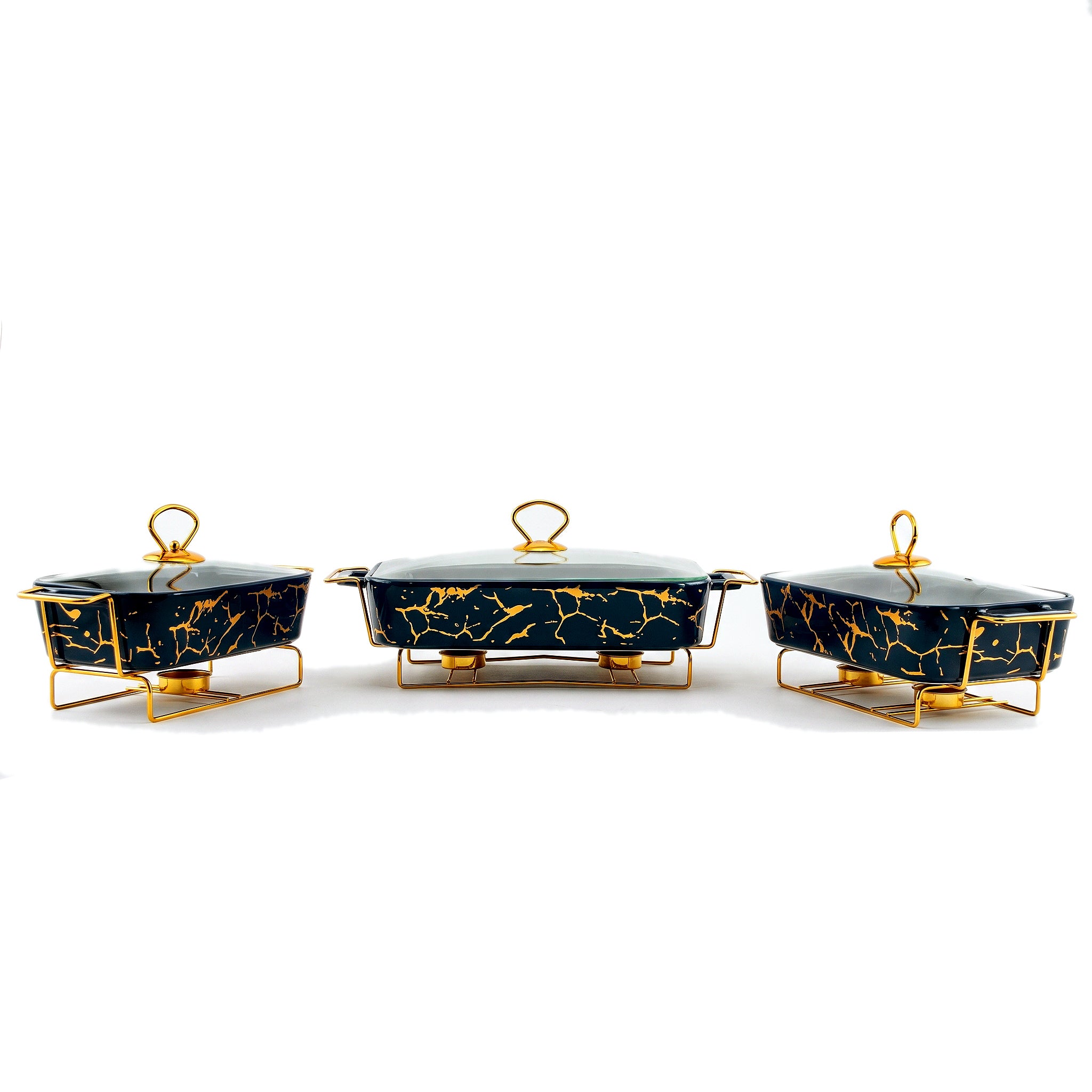 S/W Ceramic Rectangular Food Warmer Sets With Glass Lids AND Golden Metallic Stands