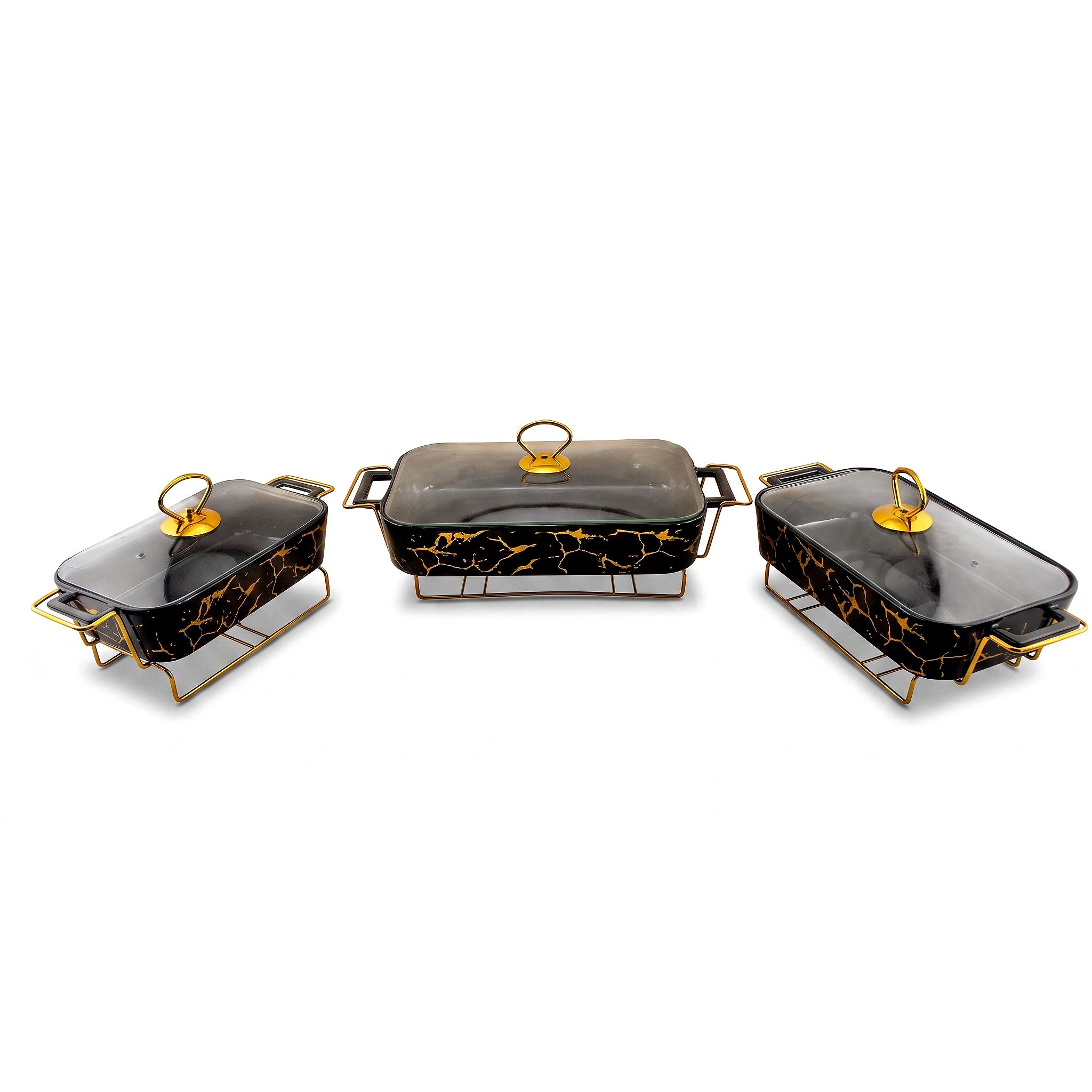 S/W Ceramic Rectangular Food Warmer Sets With Glass Lids AND Golden Metallic Stands