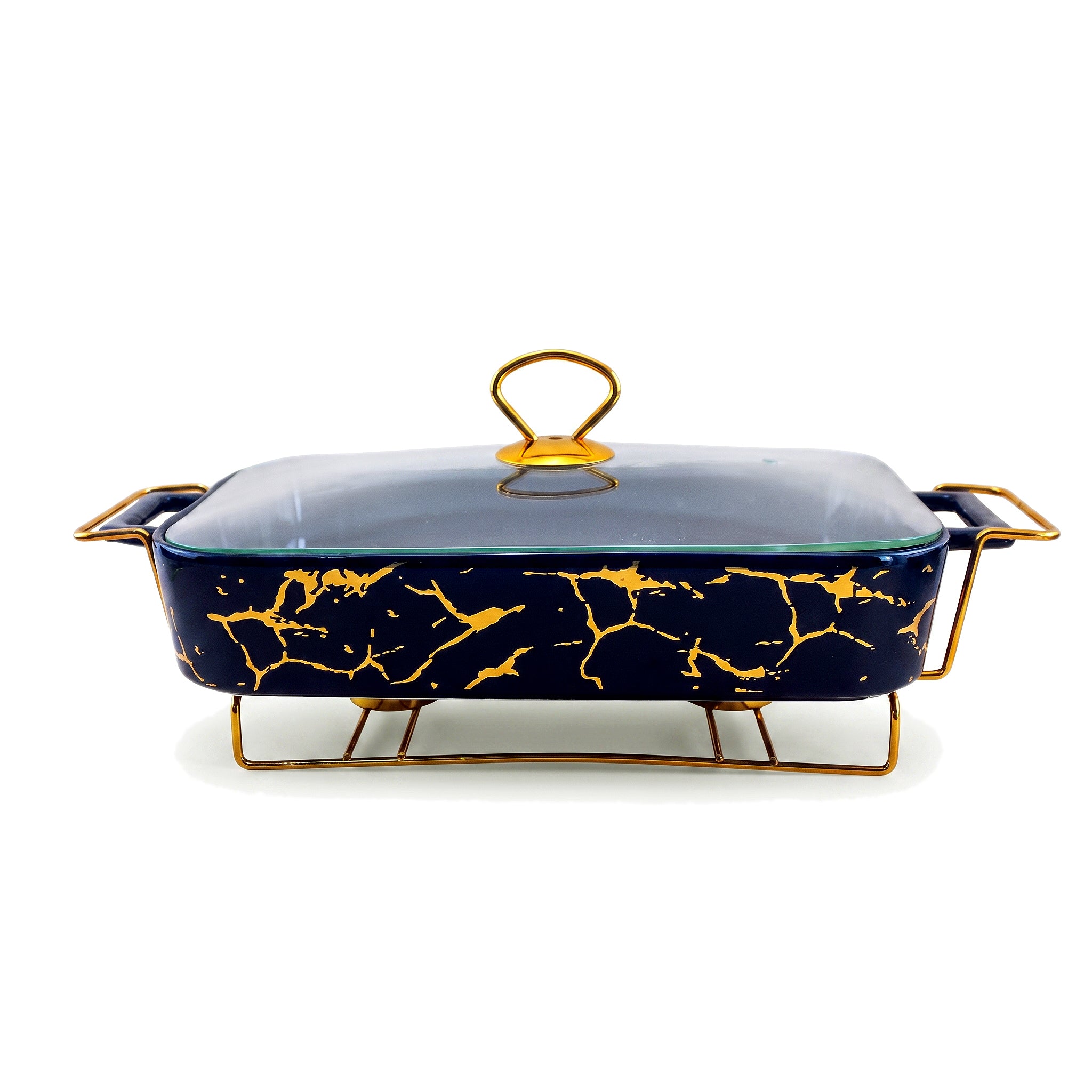 S/W Ceramic Rectangular Food Warmer Sets With Glass Lids AND Golden Metallic Stands
