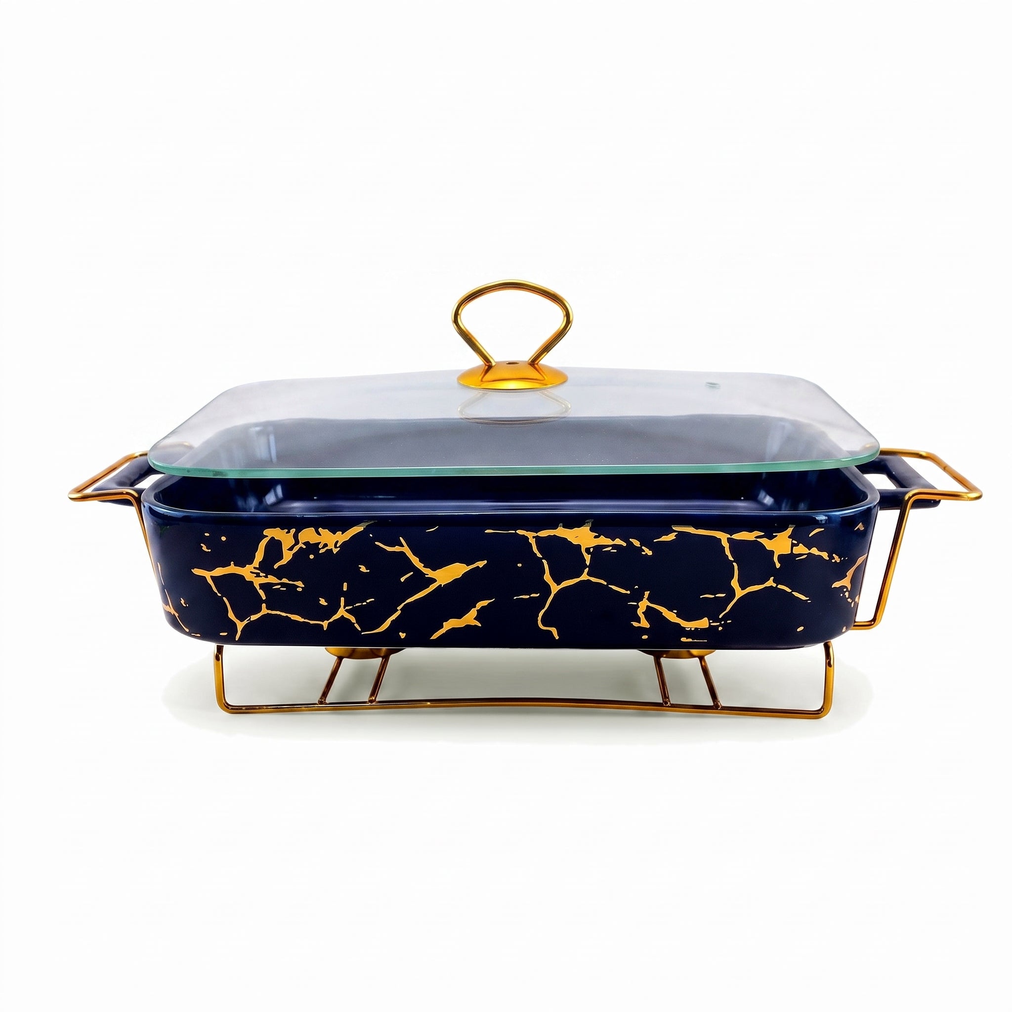 S/W Ceramic Rectangular Food Warmer Sets With Glass Lids AND Golden Metallic Stands