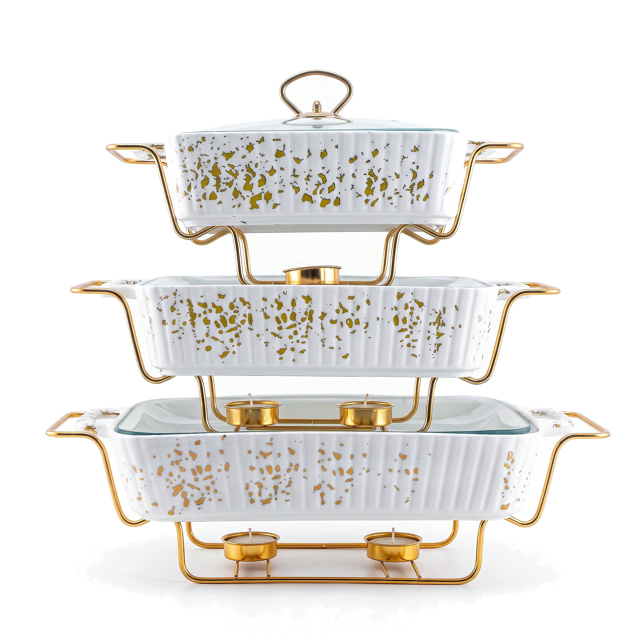 S/W Ceramic Rectangular Food Warmer Sets With Glass Lids AND Golden Metallic Stands