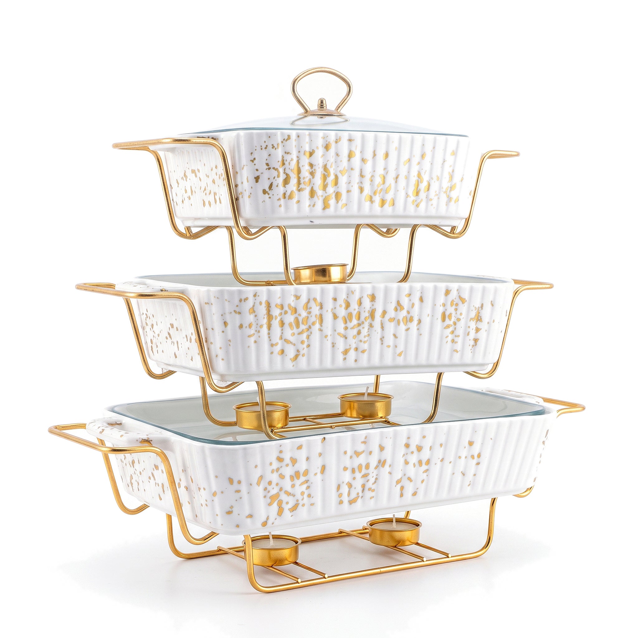 S/W Ceramic Rectangular Food Warmer Sets With Glass Lids AND Golden Metallic Stands