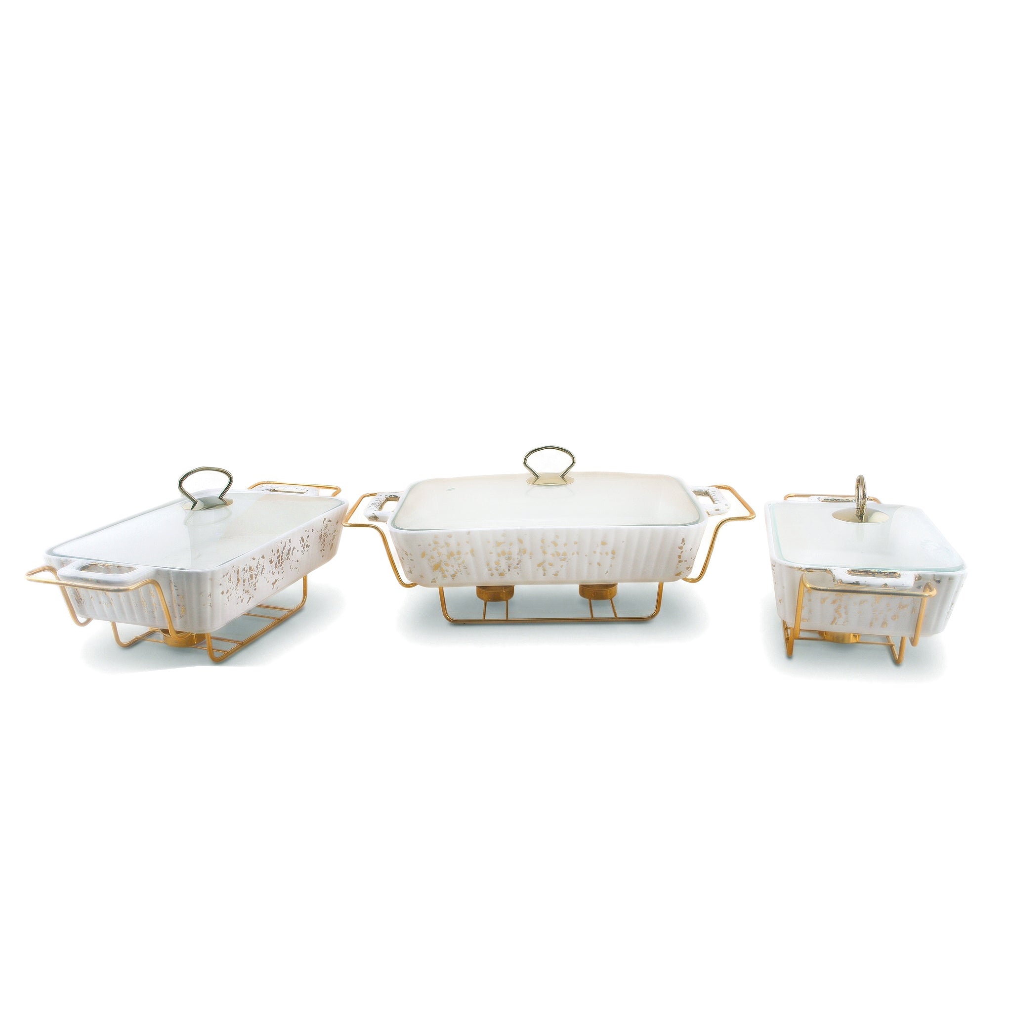 S/W Ceramic Rectangular Food Warmer Sets With Glass Lids AND Golden Metallic Stands