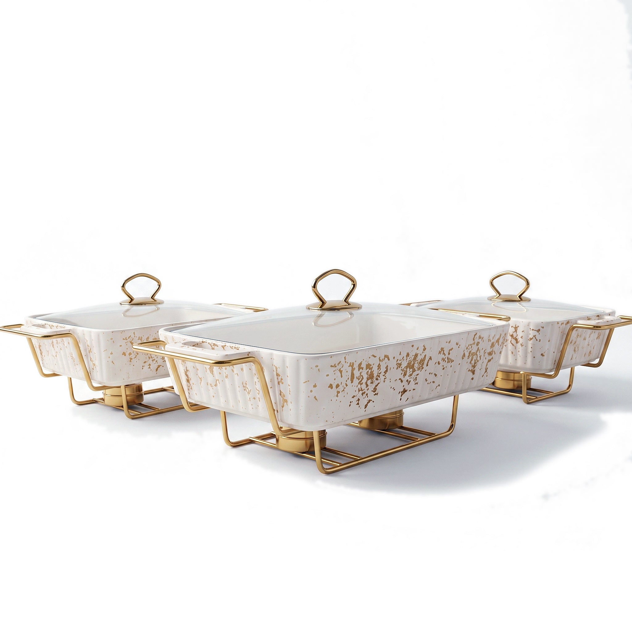 S/W Ceramic Rectangular Food Warmer Sets With Glass Lids AND Golden Metallic Stands