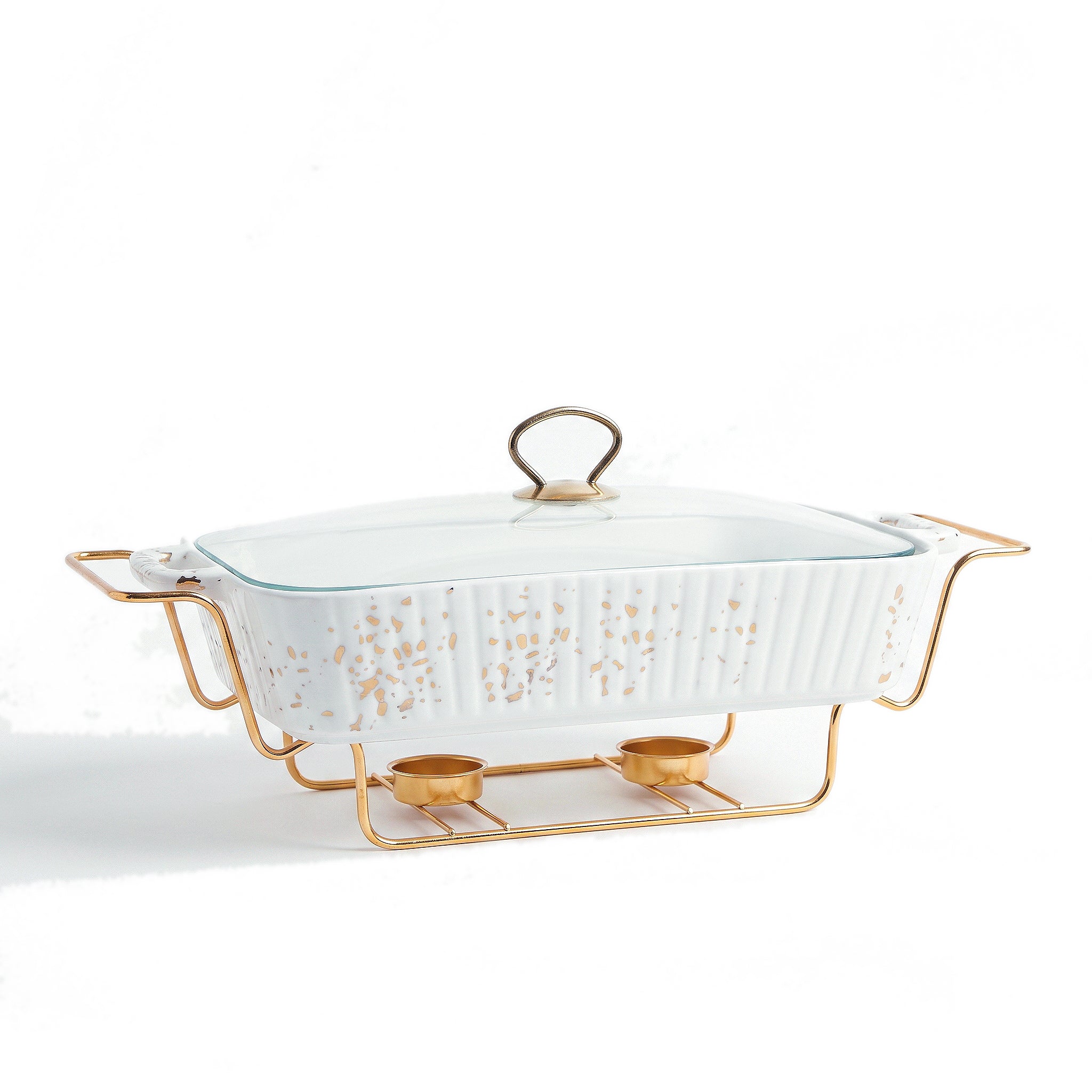 S/W Ceramic Rectangular Food Warmer Sets With Glass Lids AND Golden Metallic Stands