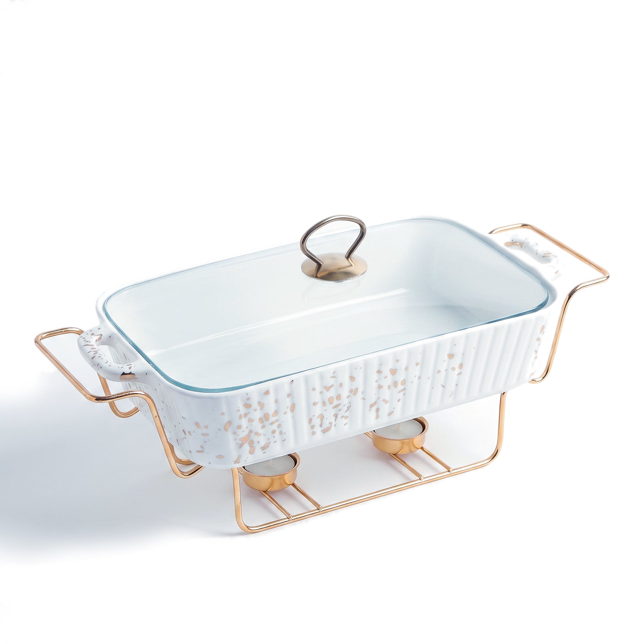 S/W Ceramic Rectangular Food Warmer Sets With Glass Lids AND Golden Metallic Stands