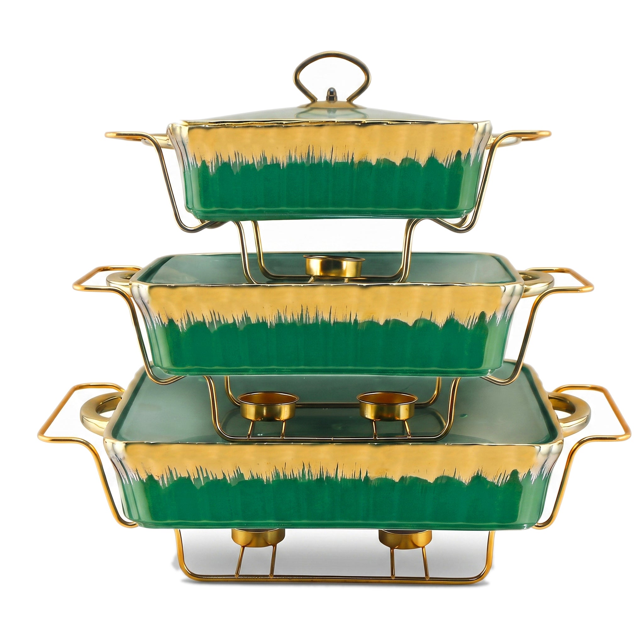 S/W Ceramic Rectangular Food Warmer Sets With Glass Lids AND Golden Metallic Stands