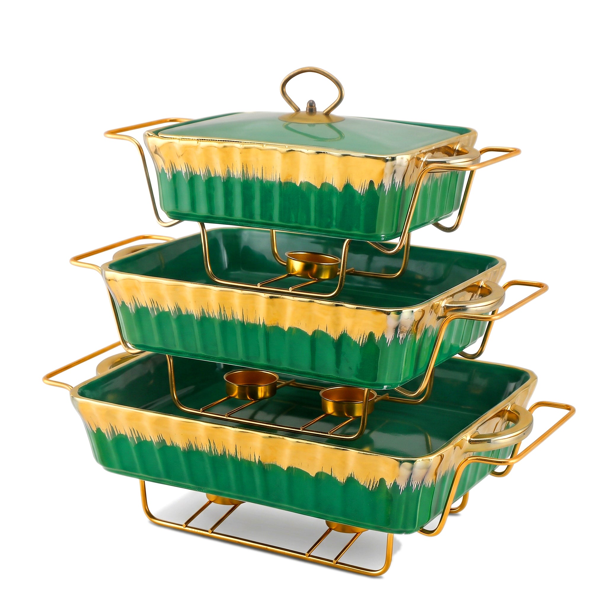 S/W Ceramic Rectangular Food Warmer Sets With Glass Lids AND Golden Metallic Stands