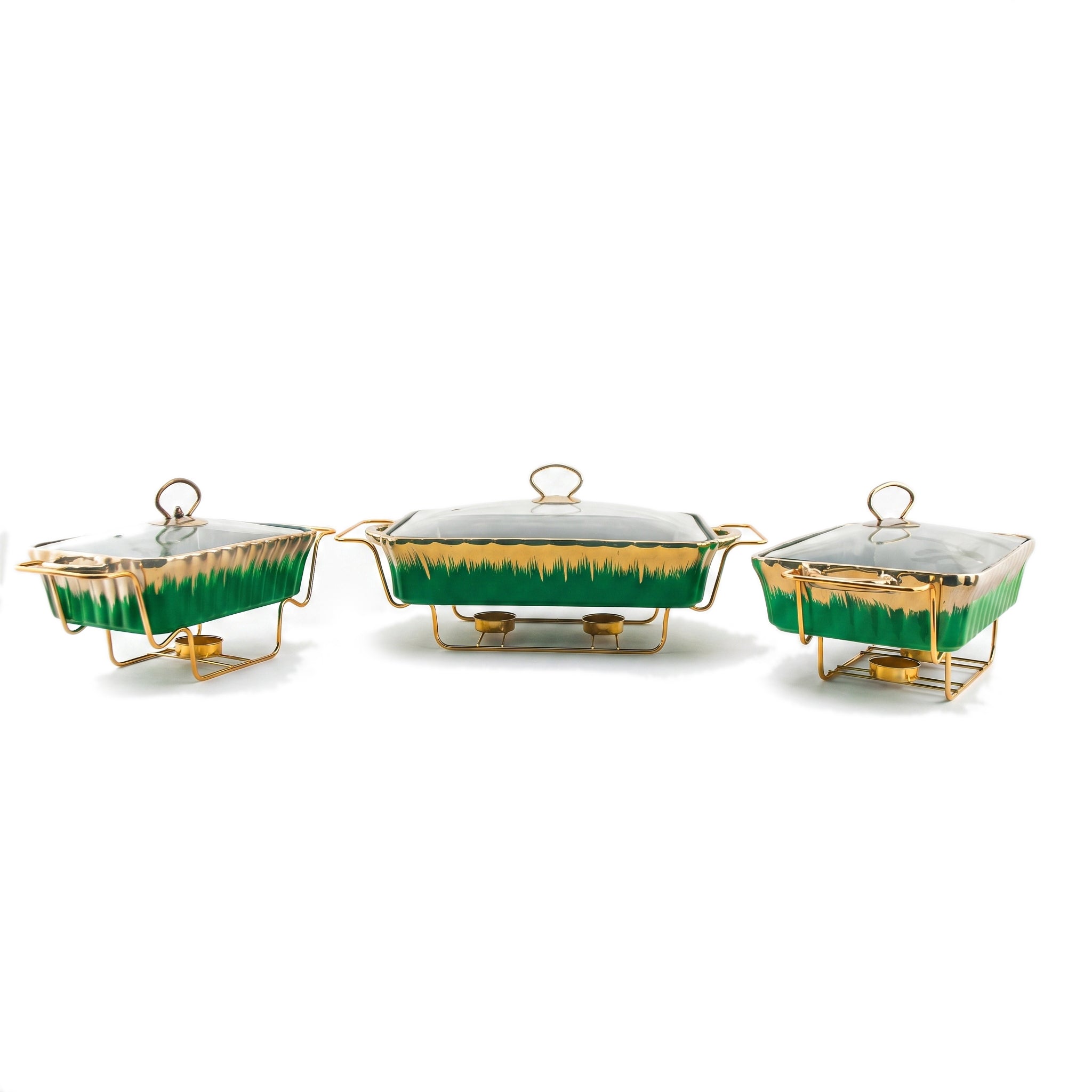 S/W Ceramic Rectangular Food Warmer Sets With Glass Lids AND Golden Metallic Stands
