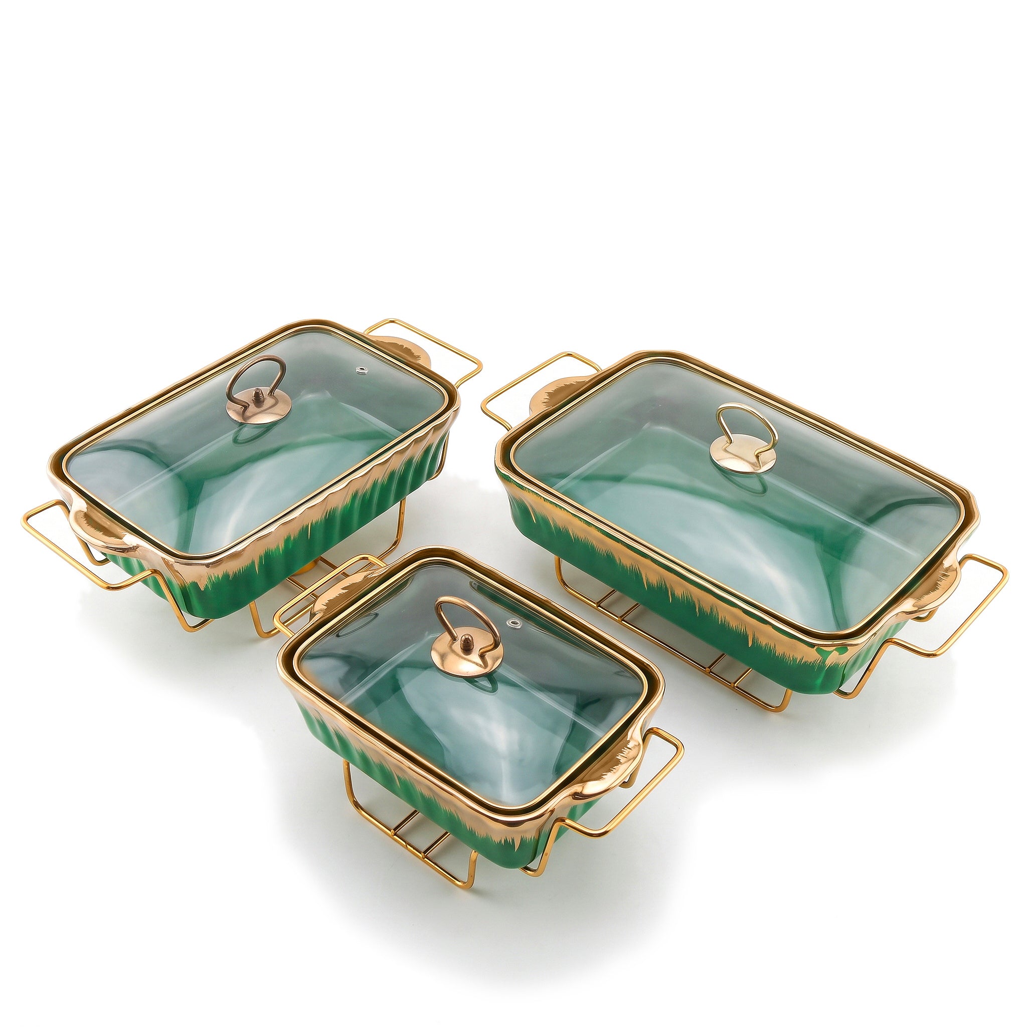 S/W Ceramic Rectangular Food Warmer Sets With Glass Lids AND Golden Metallic Stands