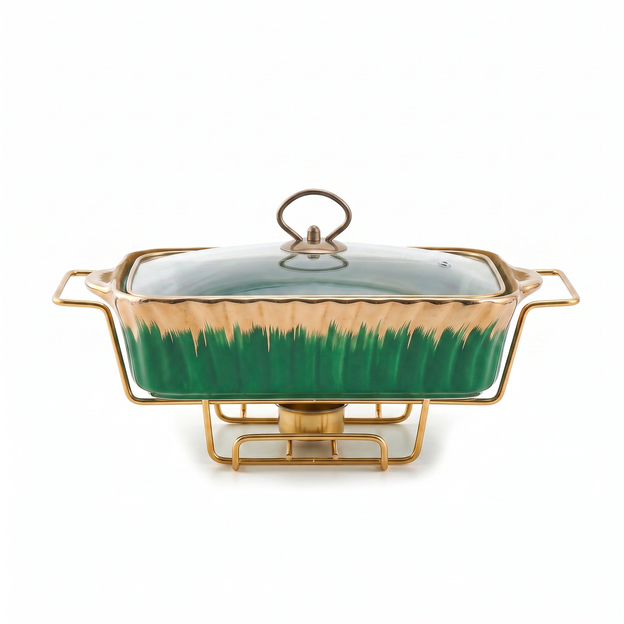 S/W Ceramic Rectangular Food Warmer Sets With Glass Lids AND Golden Metallic Stands