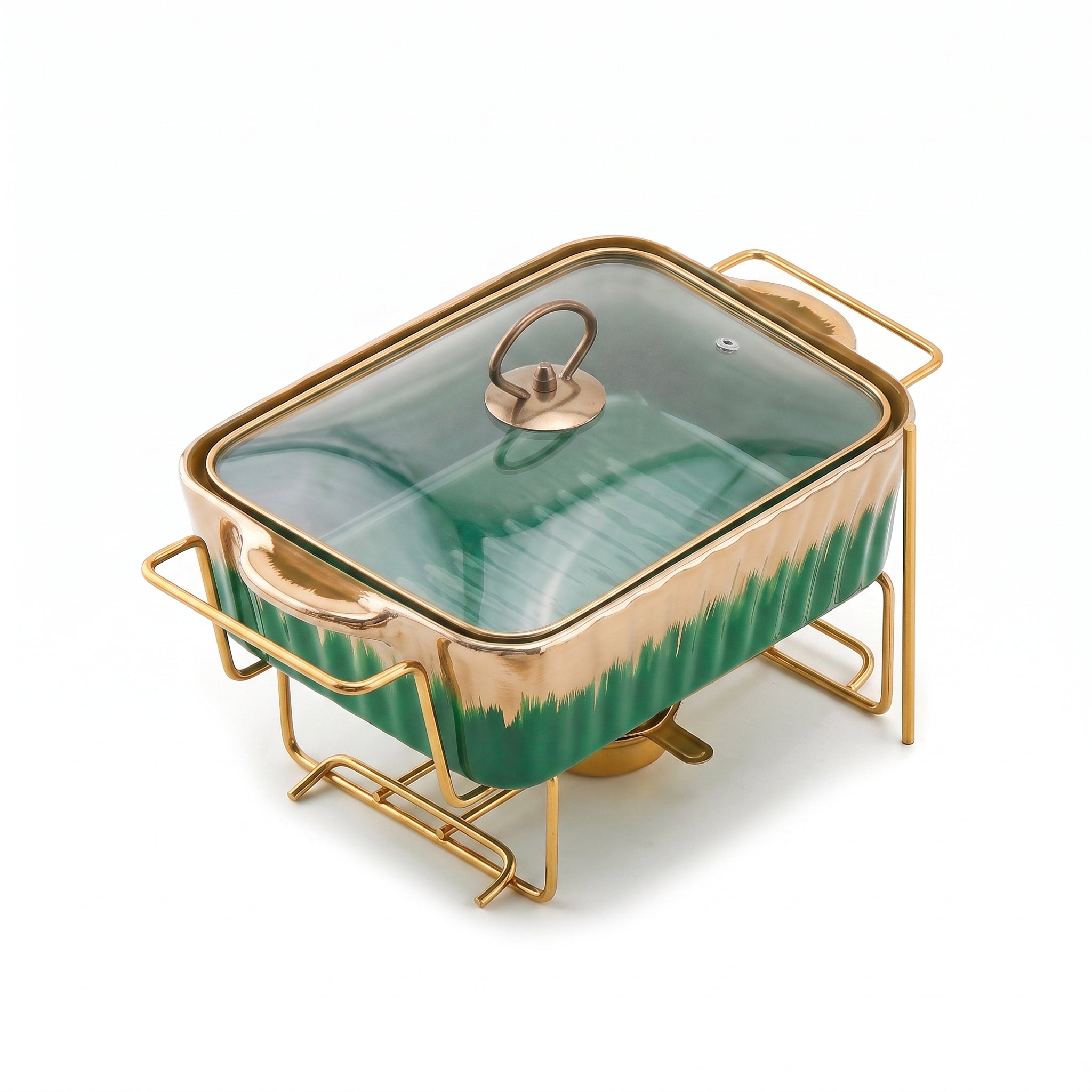 S/W Ceramic Rectangular Food Warmer Sets With Glass Lids AND Golden Metallic Stands