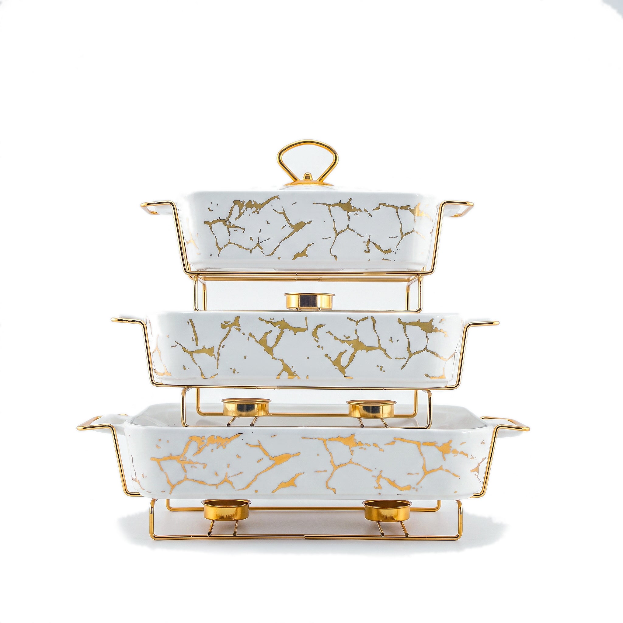 S/W Ceramic Rectangular Food Warmer Sets With Glass Lids AND Golden Metallic Stands