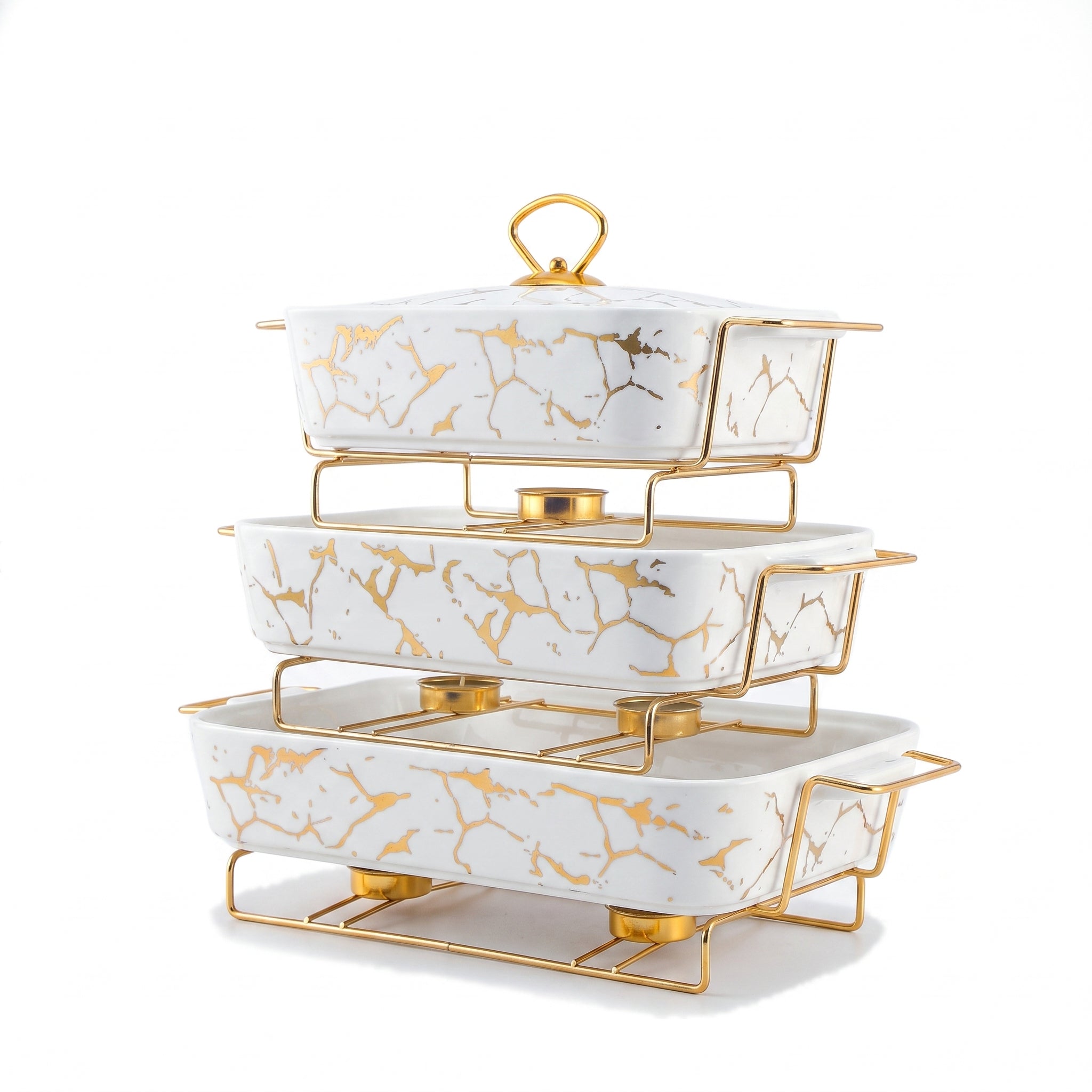 S/W Ceramic Rectangular Food Warmer Sets With Glass Lids AND Golden Metallic Stands