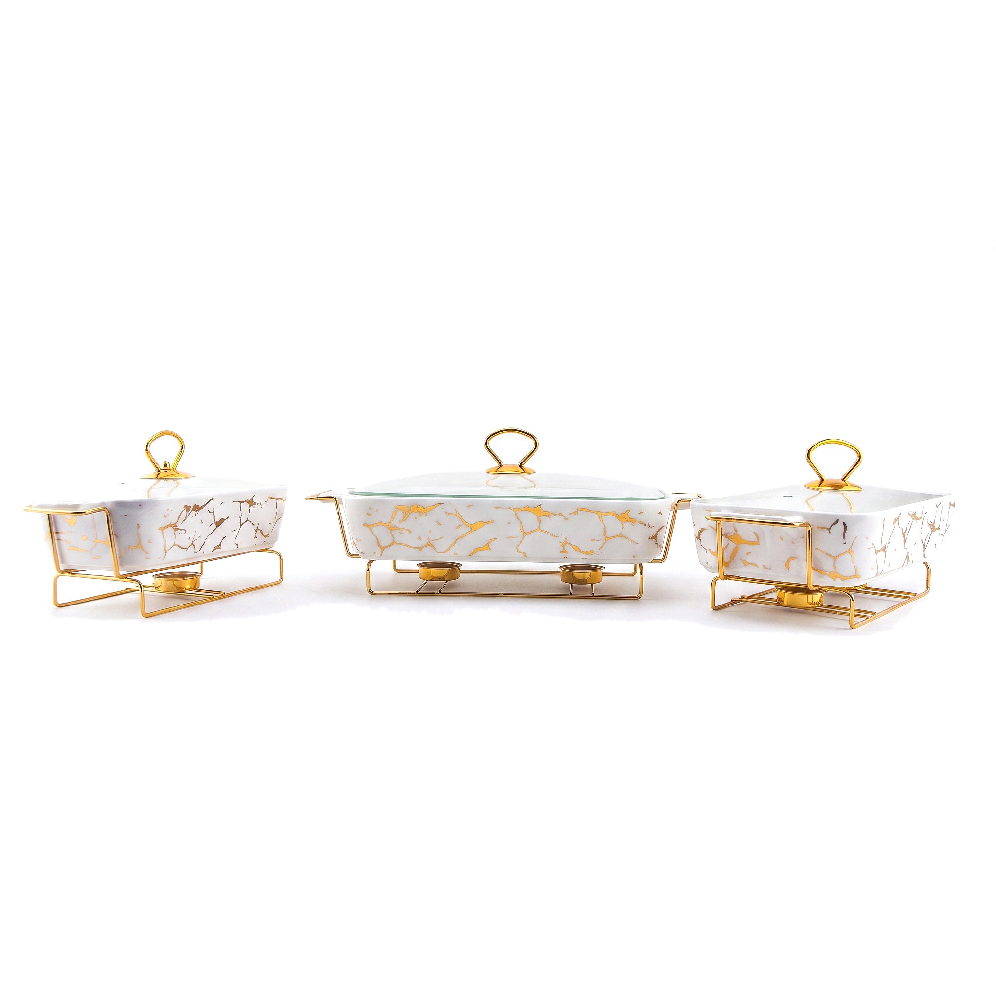 S/W Ceramic Rectangular Food Warmer Sets With Glass Lids AND Golden Metallic Stands
