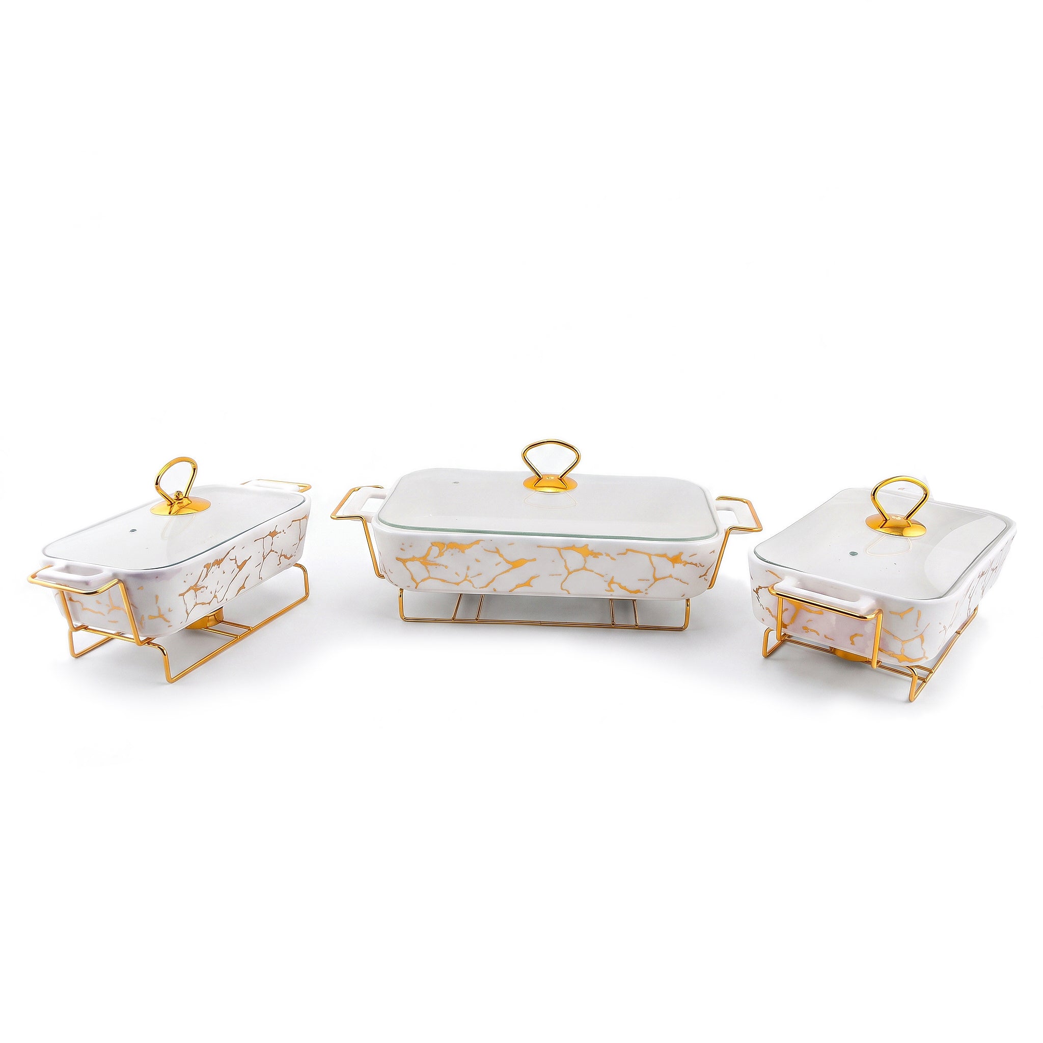 S/W Ceramic Rectangular Food Warmer Sets With Glass Lids AND Golden Metallic Stands