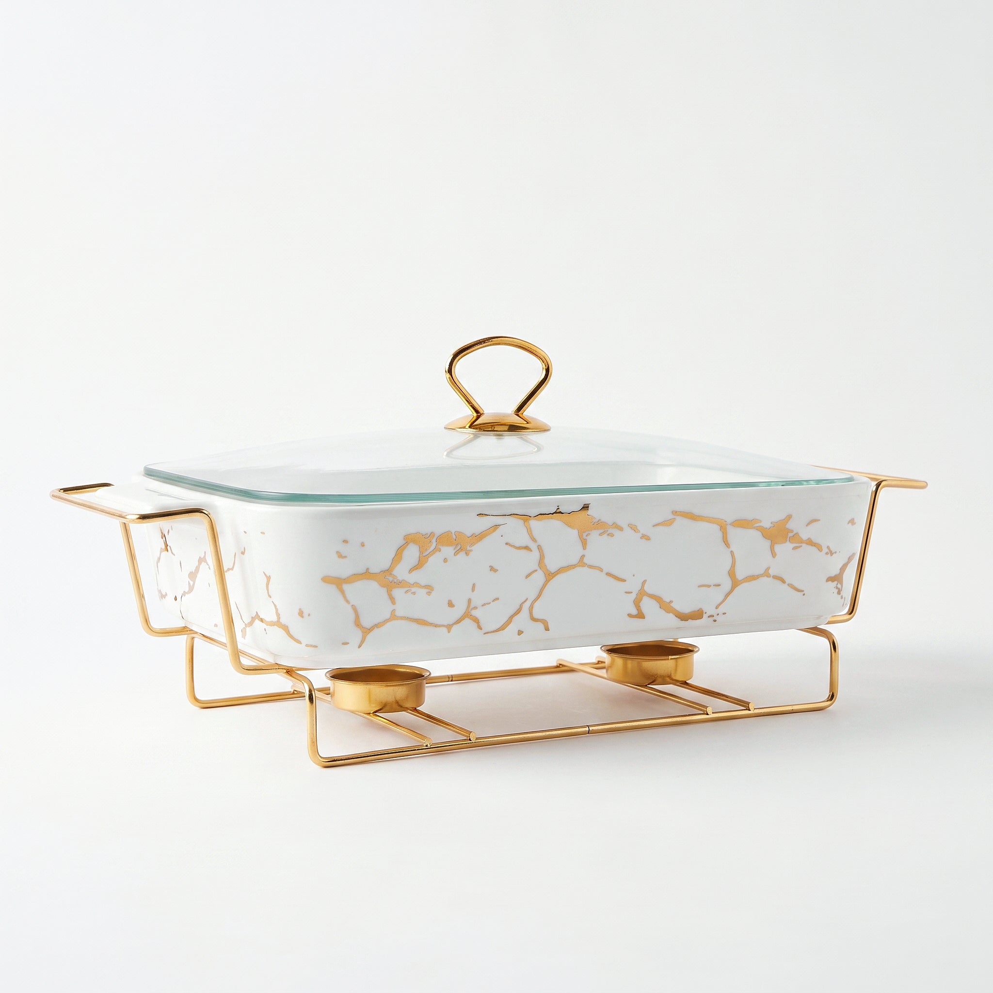 S/W Ceramic Rectangular Food Warmer Sets With Glass Lids AND Golden Metallic Stands