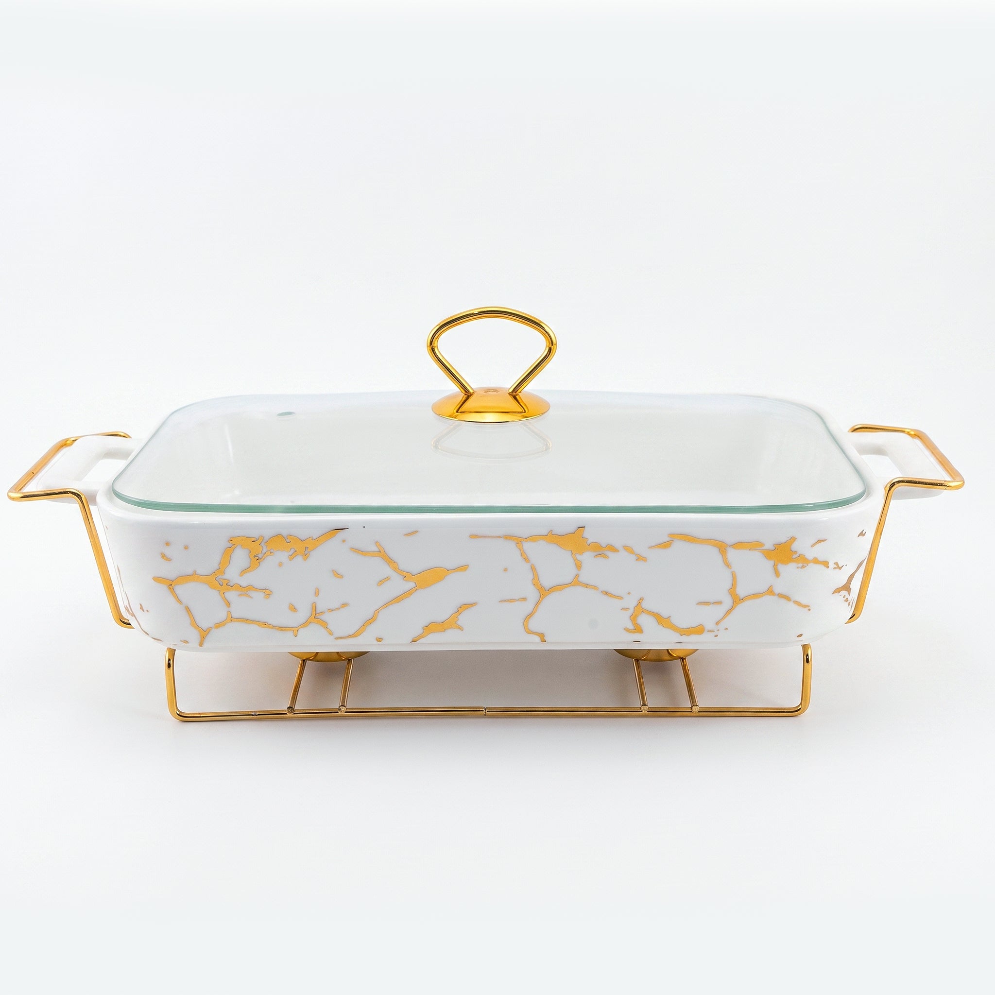 S/W Ceramic Rectangular Food Warmer Sets With Glass Lids AND Golden Metallic Stands