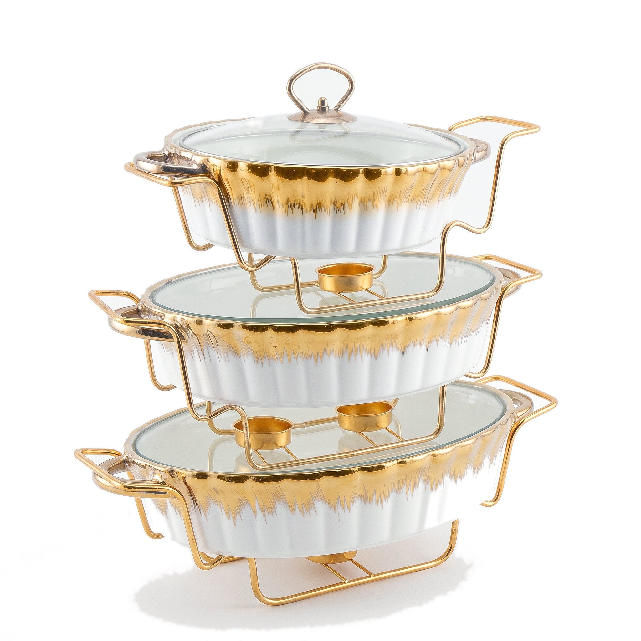 S/W Ceramic Oval Food Warmer Set With Glass Lid And Golden Metallic Stands