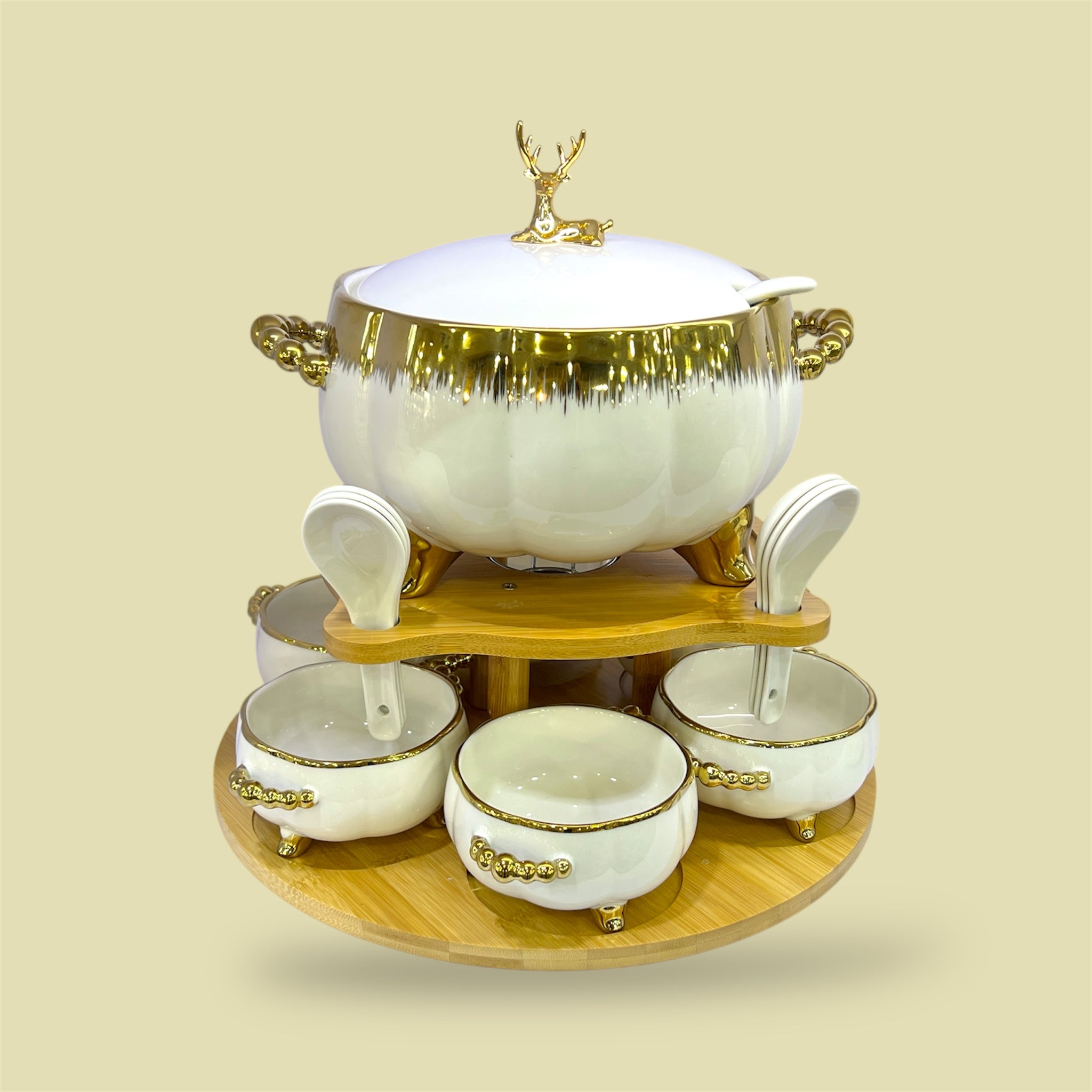 16-Piece Royale Soup Set With Wooden Stand White and Golden